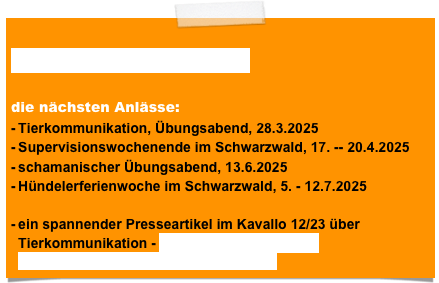 
Seminarprogramm 2025.pdf

die nächsten Anlässe:
Tierkommunikation, Übungsabend, 28.3.2025
Supervisionswochenende im Schwarzwald, 17. -- 20.4.2025
schamanischer Übungsabend, 13.6.2025
Hündelerferienwoche im Schwarzwald, 5. - 12.7.2025

ein spannender Presseartikel im Kavallo 12/23 über Tierkommunikation - KAVALLO _ Das Schweizer Pferdemagazin_1223_Tierkommunikation.pdf


 


 
